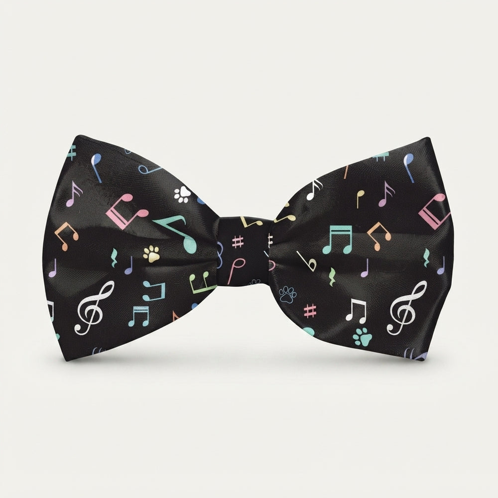 Music Notes Black Dog Bow Tie | Easy-Fasten Style for Any Collar